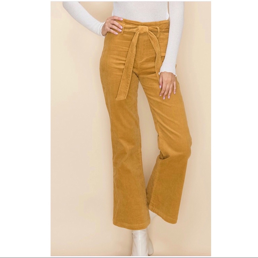 Mustard paper bag cotton corduroy boot leg pants